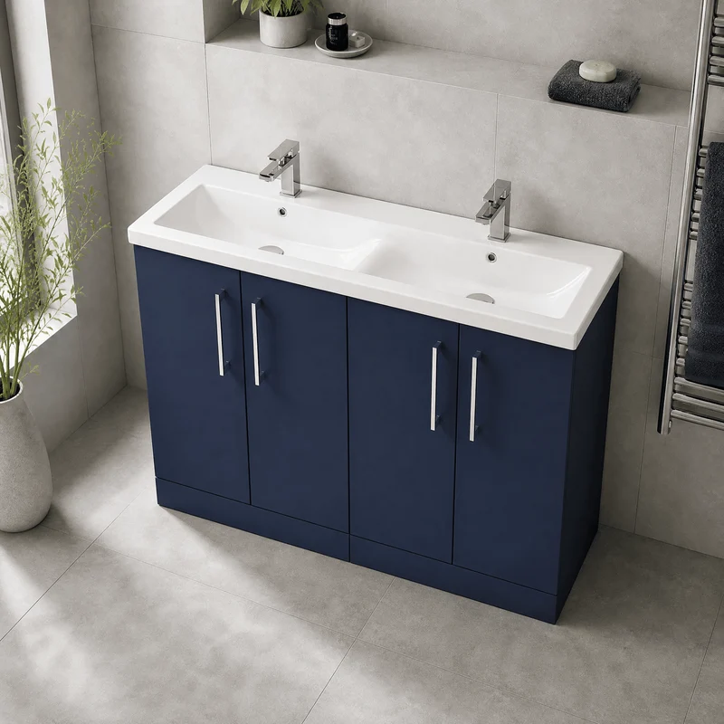 Lana 1200mm Floor Standing 4 Door Vanity Unit & Double Ceramic Basin - Midnight Blue Satin