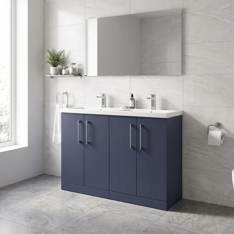 Lana 1200mm Floor Standing 4 Door Vanity Unit & Double Ceramic Basin - Midnight Blue Satin