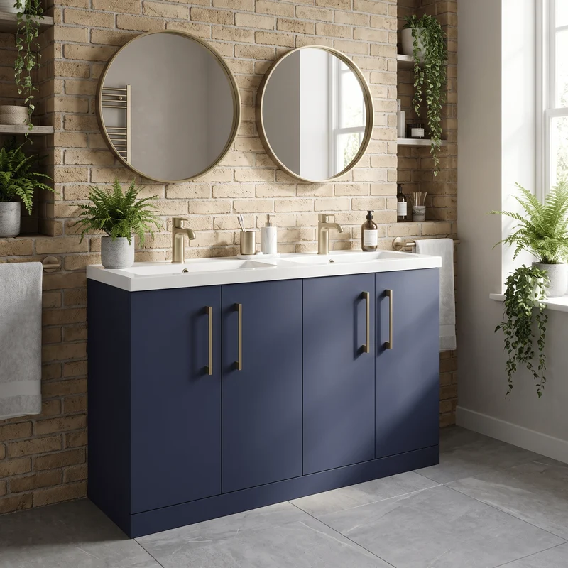 Lana 1200mm Floor Standing 4 Door Vanity Unit & Double Polymarble Basin - Midnight Blue Satin