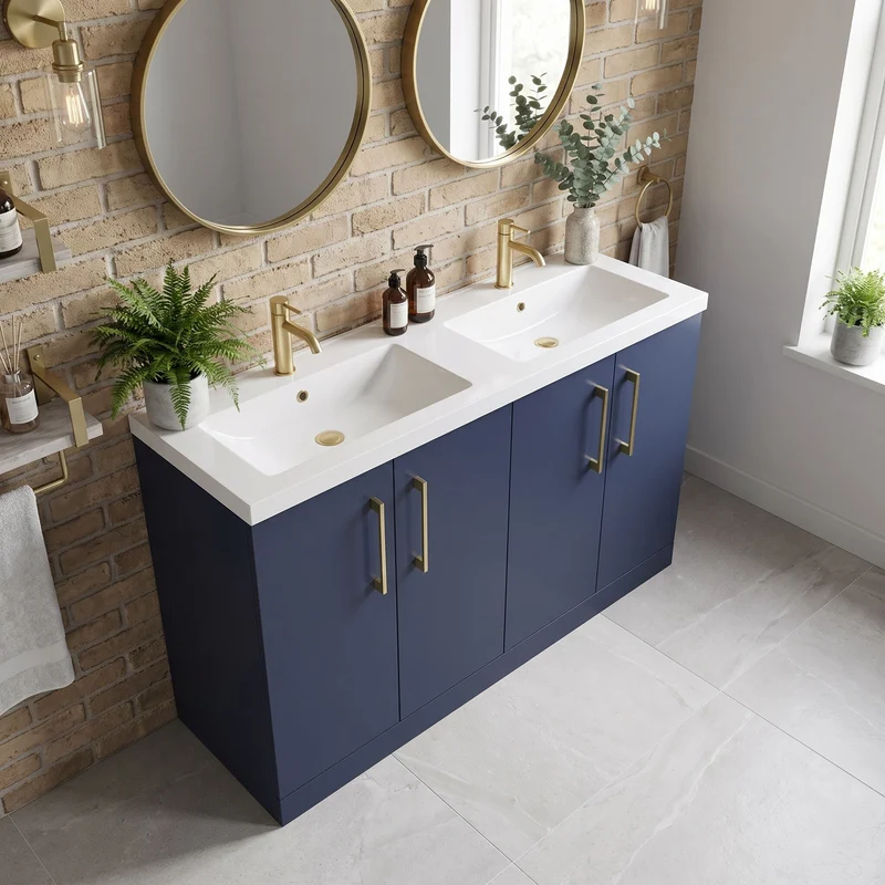 Lana 1200mm Floor Standing 4 Door Vanity Unit & Double Polymarble Basin - Midnight Blue Satin