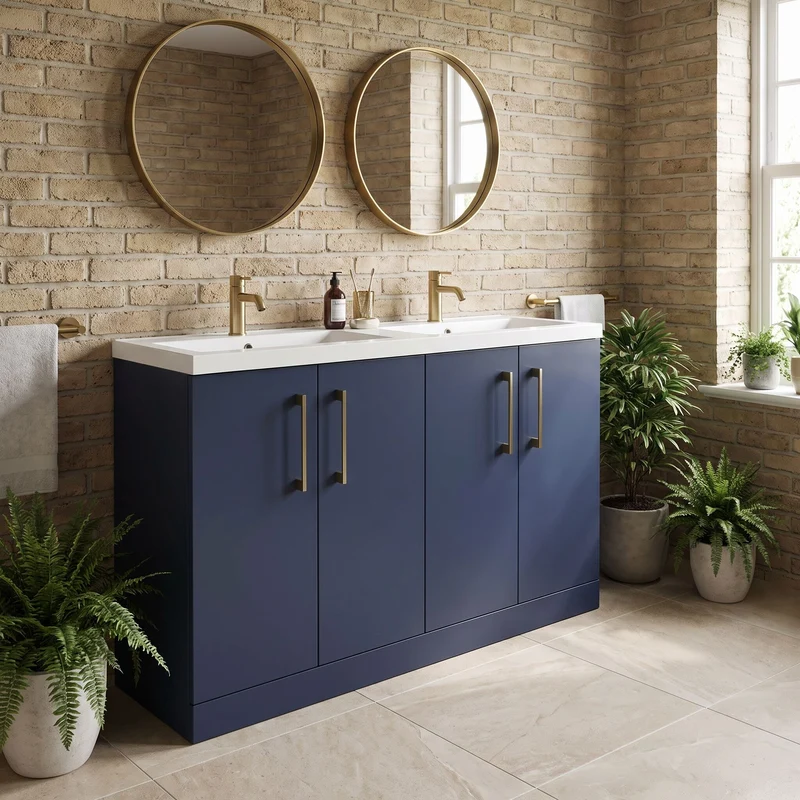 Lana 1200mm Floor Standing 4 Door Vanity Unit & Double Polymarble Basin - Midnight Blue Satin