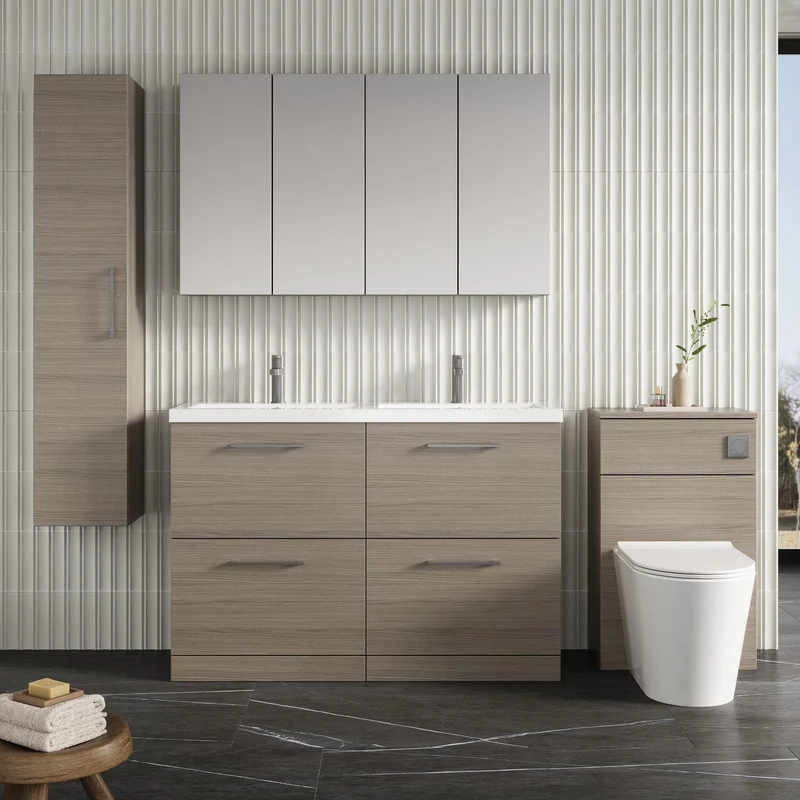 Lana 1200mm Floor Standing 4 Drawer Vanity Unit & Double Ceramic Basin - Solace Oak Woodgrain