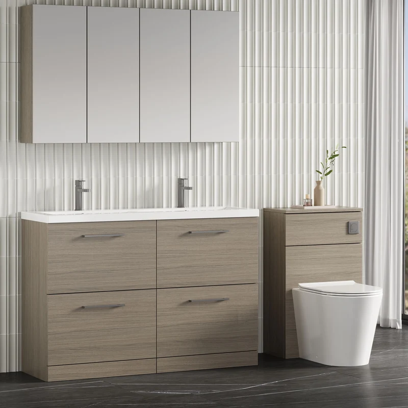Lana 1200mm Floor Standing 4 Drawer Vanity Unit & Double Ceramic Basin - Solace Oak Woodgrain