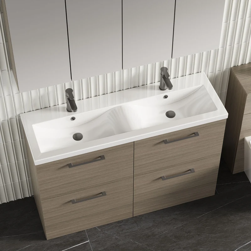 Lana 1200mm Floor Standing 4 Drawer Vanity Unit & Double Ceramic Basin - Solace Oak Woodgrain