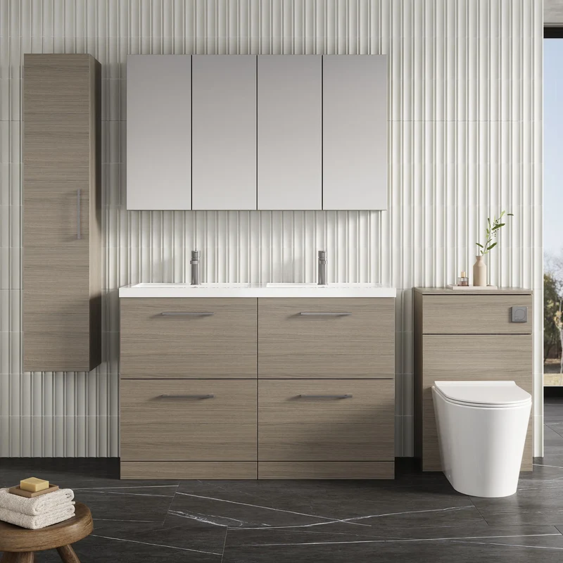 Lana 1200mm Floor Standing 4 Drawer Vanity Unit & Double Polymarble Basin - Solace Oak Woodgrain