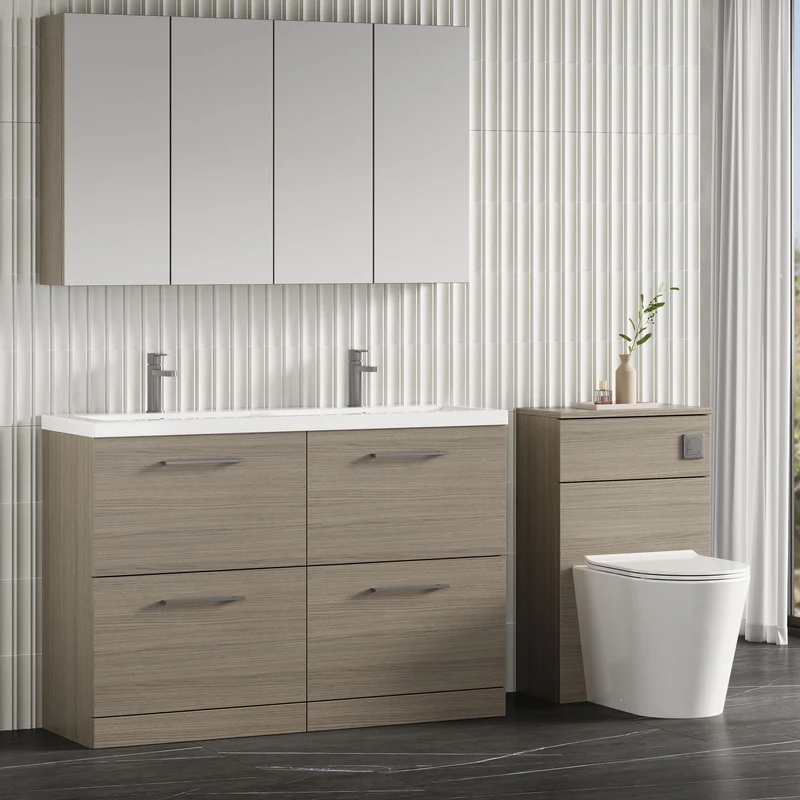 Lana 1200mm Floor Standing 4 Drawer Vanity Unit & Double Polymarble Basin - Solace Oak Woodgrain