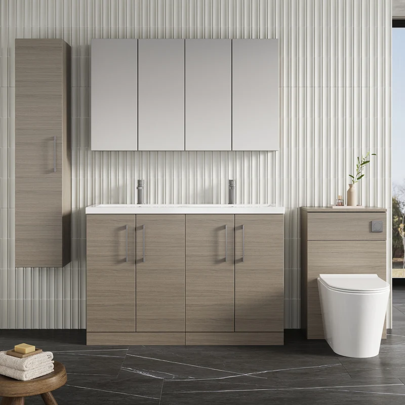 Lana 1200mm Floor Standing 4 Door Vanity Unit & Double Ceramic Basin - Solace Oak Woodgrain