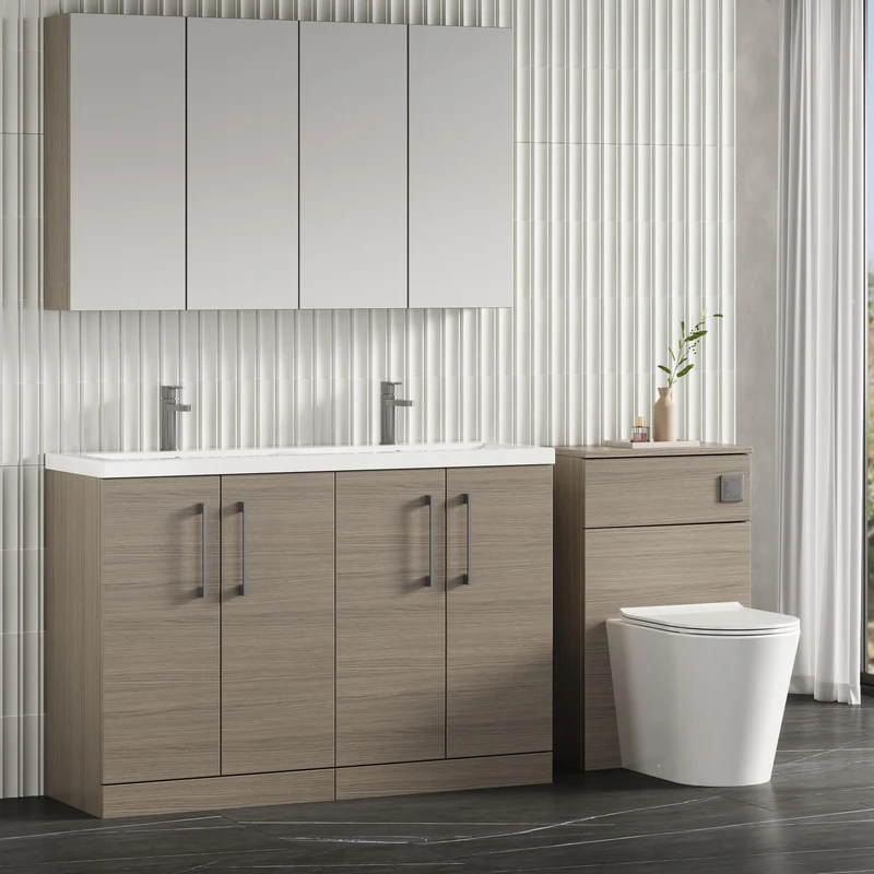 Lana 1200mm Floor Standing 4 Door Vanity Unit & Double Ceramic Basin - Solace Oak Woodgrain