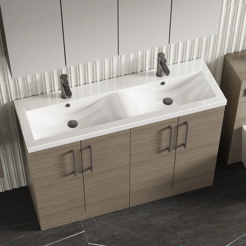 Lana 1200mm Floor Standing 4 Door Vanity Unit & Double Ceramic Basin - Solace Oak Woodgrain
