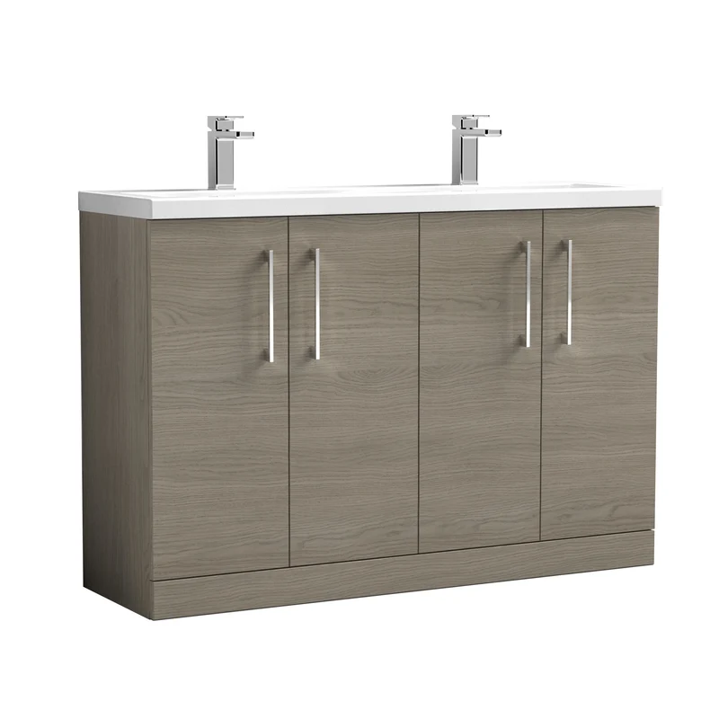 Lana 1200mm Floor Standing 4 Door Vanity Unit & Double Ceramic Basin - Solace Oak Woodgrain