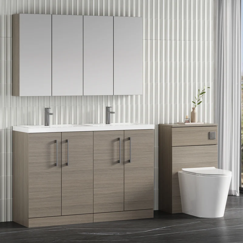 Lana 1200mm Floor Standing 4 Door Vanity Unit & Double Polymarble Basin - Solace Oak Woodgrain