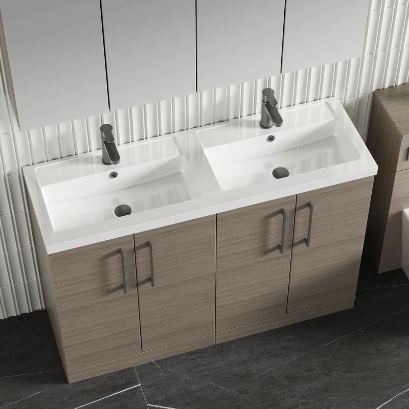 Lana 1200mm Floor Standing 4 Door Vanity Unit & Double Polymarble Basin - Solace Oak Woodgrain