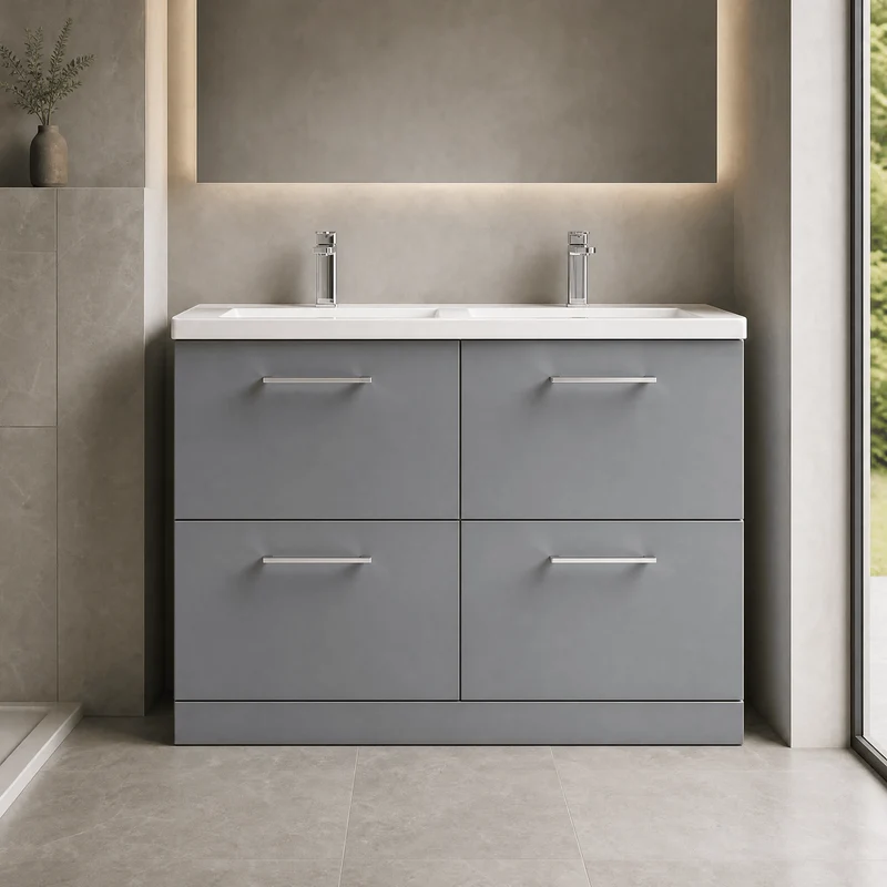 Lana 1200mm Floor Standing 4 Drawer Vanity Unit & Double Ceramic Basin - Grey Satin
