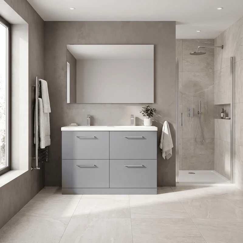 Lana 1200mm Floor Standing 4 Drawer Vanity Unit & Double Ceramic Basin - Grey Satin