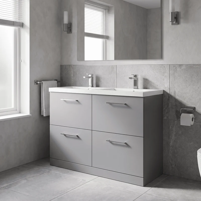 Lana 1200mm Floor Standing 4 Drawer Vanity Unit & Double Polymarble Basin - Grey Satin