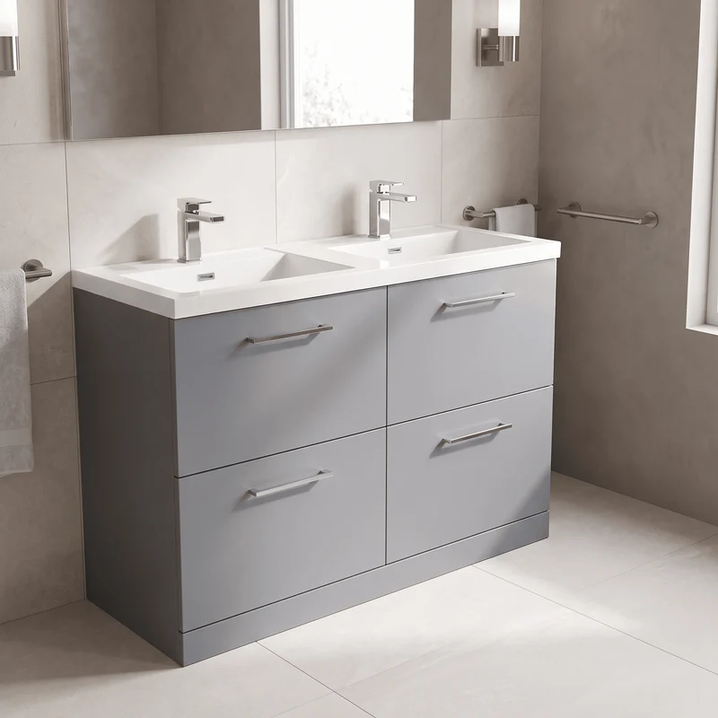 Lana 1200mm Floor Standing 4 Drawer Vanity Unit & Double Polymarble Basin - Grey Satin