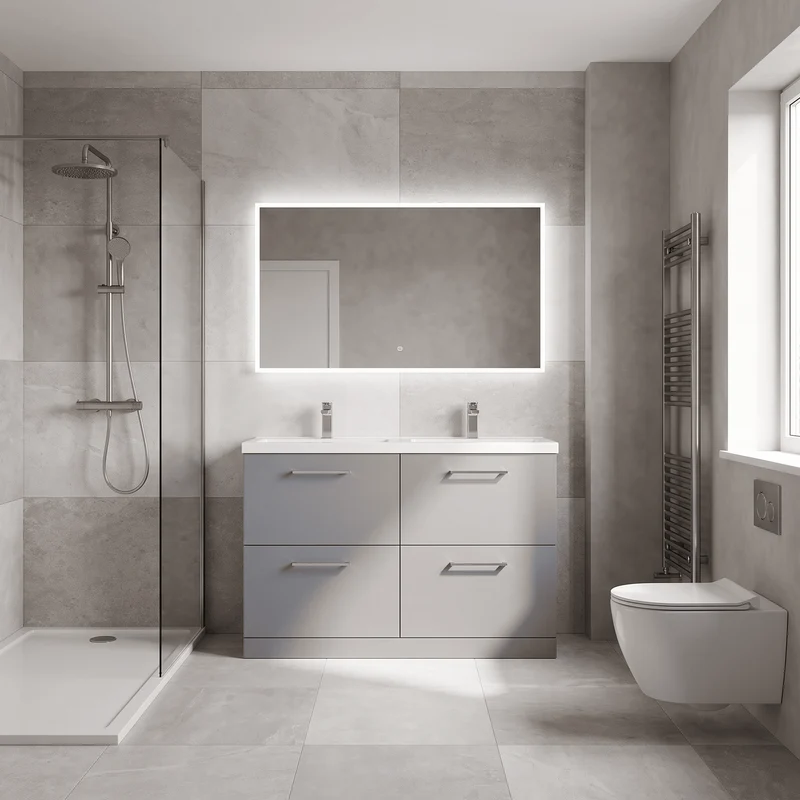 Lana 1200mm Floor Standing 4 Drawer Vanity Unit & Double Polymarble Basin - Grey Satin