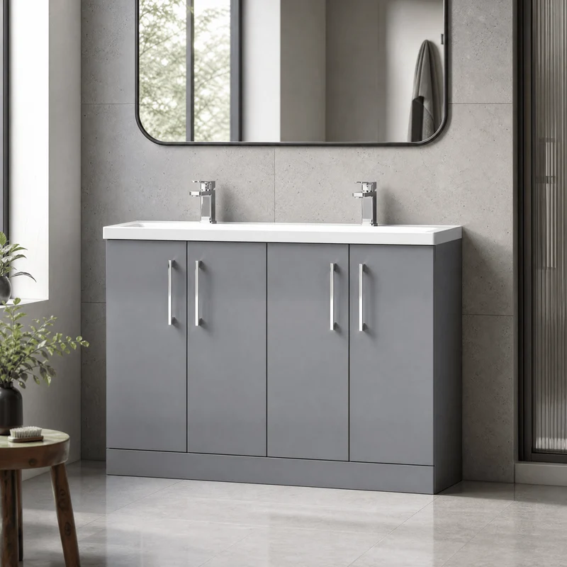 Lana 1200mm Floor Standing 4 Door Vanity Unit & Double Ceramic Basin - Grey Satin