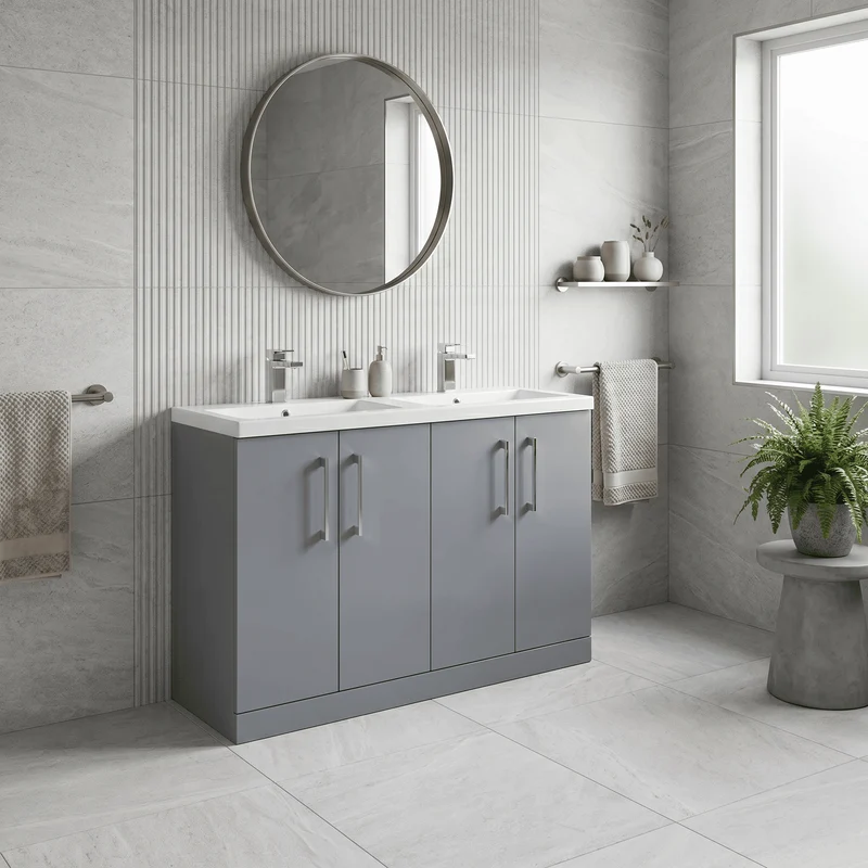 Lana 1200mm Floor Standing 4 Door Vanity Unit & Double Ceramic Basin - Grey Satin