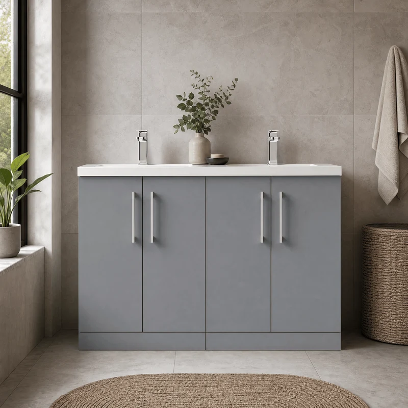 Lana 1200mm Floor Standing 4 Door Vanity Unit & Double Polymarble Basin - Grey Satin