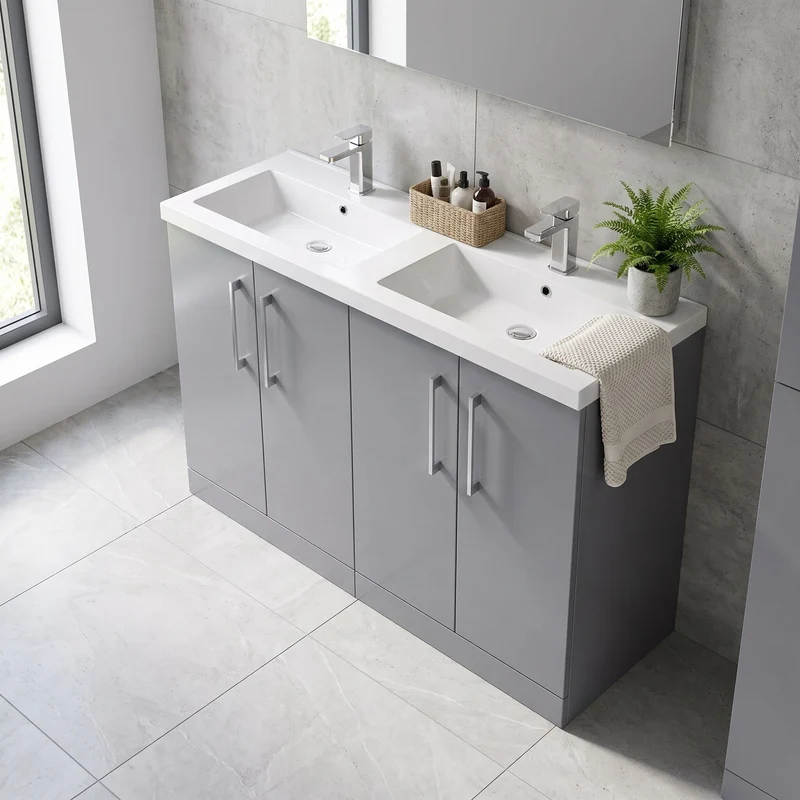 Lana 1200mm Floor Standing 4 Door Vanity Unit & Double Polymarble Basin - Grey Satin