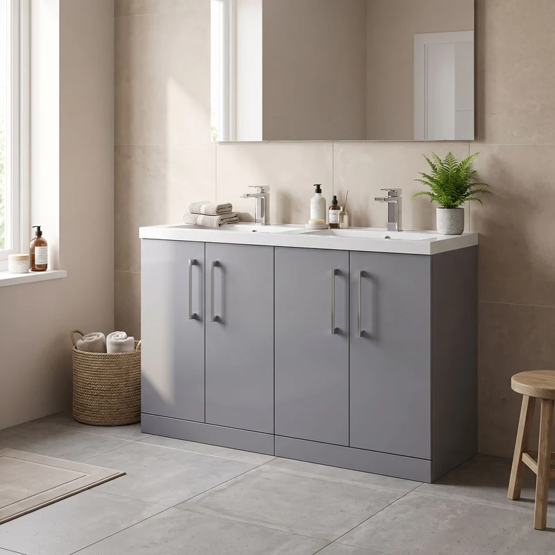 Lana 1200mm Floor Standing 4 Door Vanity Unit & Double Polymarble Basin - Grey Satin