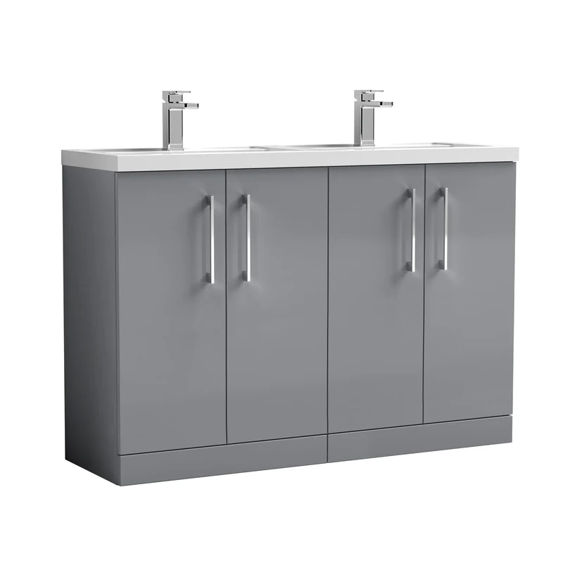 Lana 1200mm Floor Standing 4 Door Vanity Unit & Double Polymarble Basin - Grey Satin