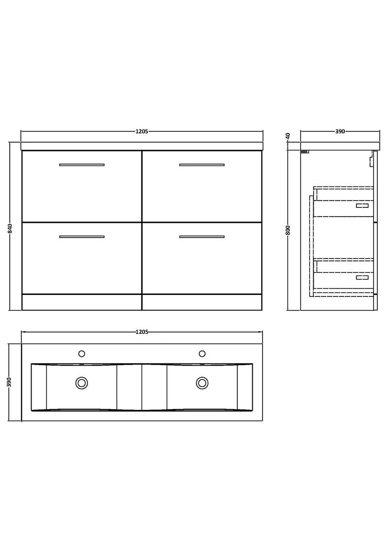 Lana 1200mm Floor Standing 4 Drawer Vanity Unit & Double Ceramic Basin - Soft Black Satin