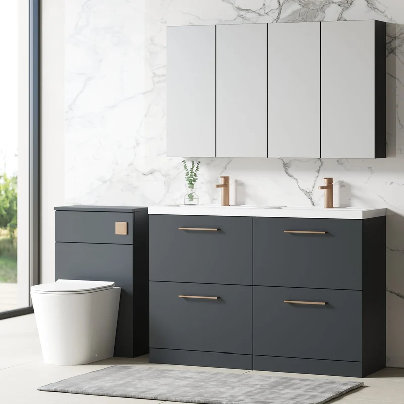 Lana 1200mm Floor Standing 4 Drawer Vanity Unit & Double Polymarble Basin - Soft Black Satin