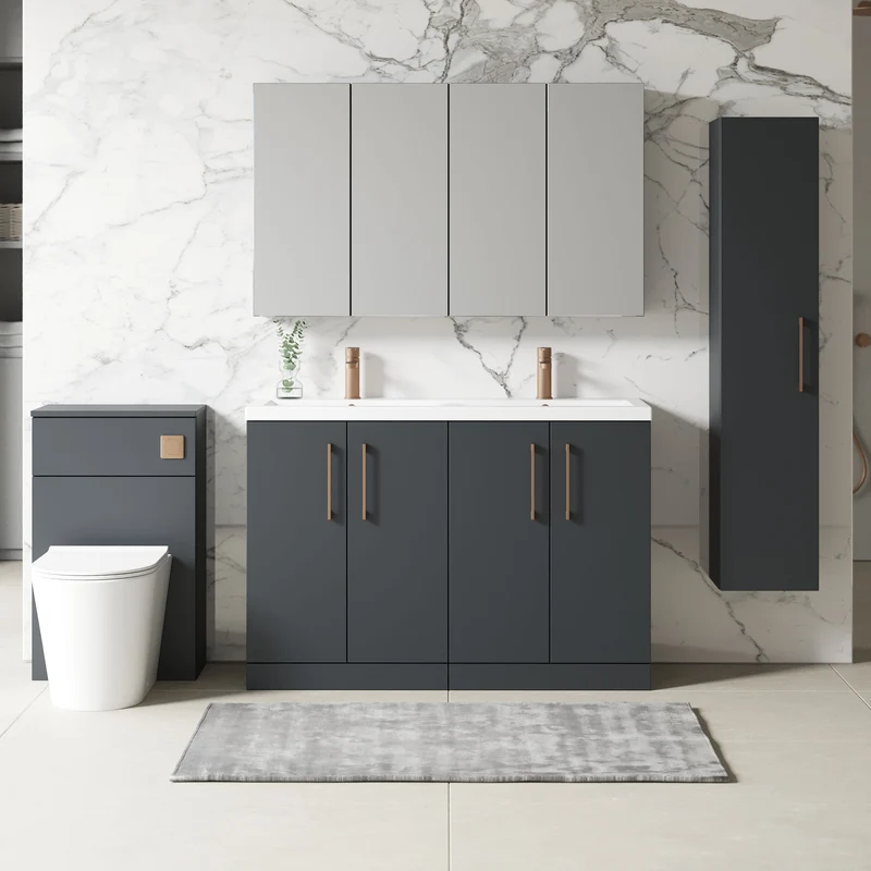 Lana 1200mm Floor Standing 4 Door Vanity Unit & Double Ceramic Basin - Soft Black Satin