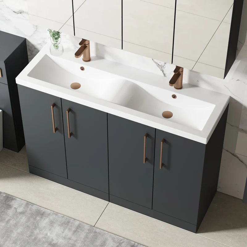 Lana 1200mm Floor Standing 4 Door Vanity Unit & Double Ceramic Basin - Soft Black Satin
