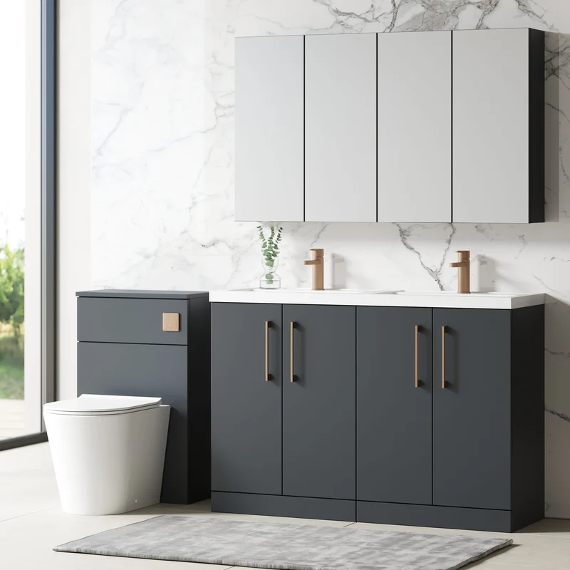 Lana 1200mm Floor Standing 4 Door Vanity Unit & Double Polymarble Basin - Soft Black Satin