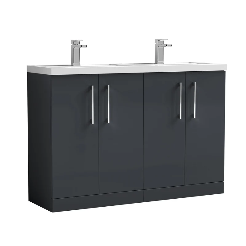Lana 1200mm Floor Standing 4 Door Vanity Unit & Double Polymarble Basin - Soft Black Satin