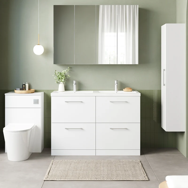 Lana 1200mm Floor Standing 4 Drawer Vanity Unit & Double Polymarble Basin - White Gloss