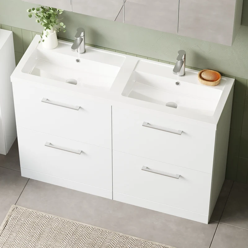 Lana 1200mm Floor Standing 4 Drawer Vanity Unit & Double Polymarble Basin - White Gloss