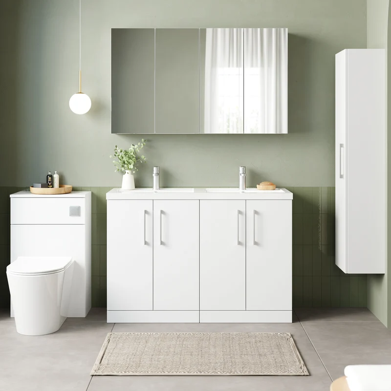 Lana 1200mm Floor Standing 4 Door Vanity Unit & Double Polymarble Basin - White Gloss