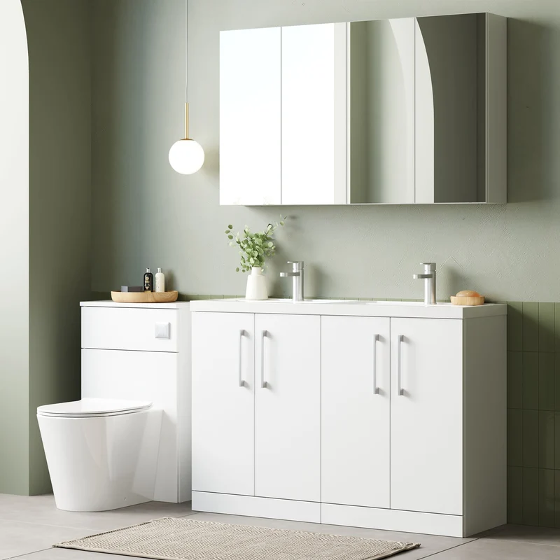 Lana 1200mm Floor Standing 4 Door Vanity Unit & Double Polymarble Basin - White Gloss