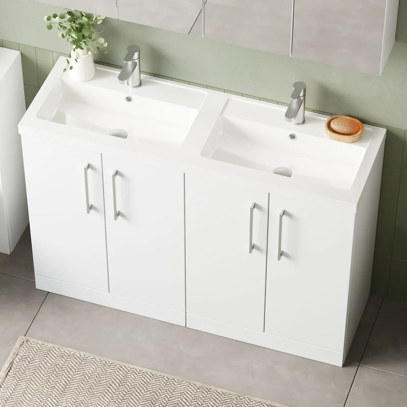 Lana 1200mm Floor Standing 4 Door Vanity Unit & Double Polymarble Basin - White Gloss
