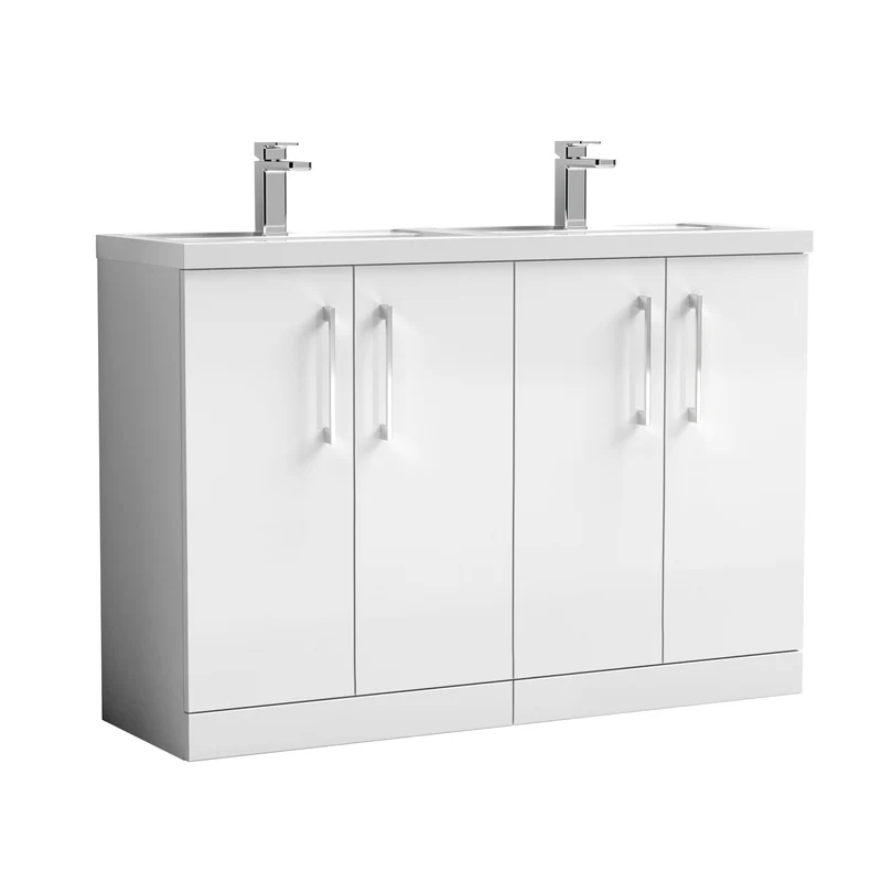 Lana 1200mm Floor Standing 4 Door Vanity Unit & Double Polymarble Basin - White Gloss