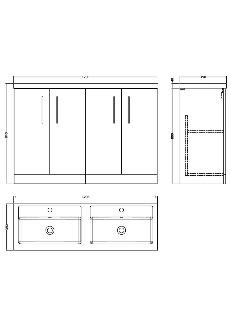 Lana 1200mm Floor Standing 4 Door Vanity Unit & Double Polymarble Basin - White Gloss