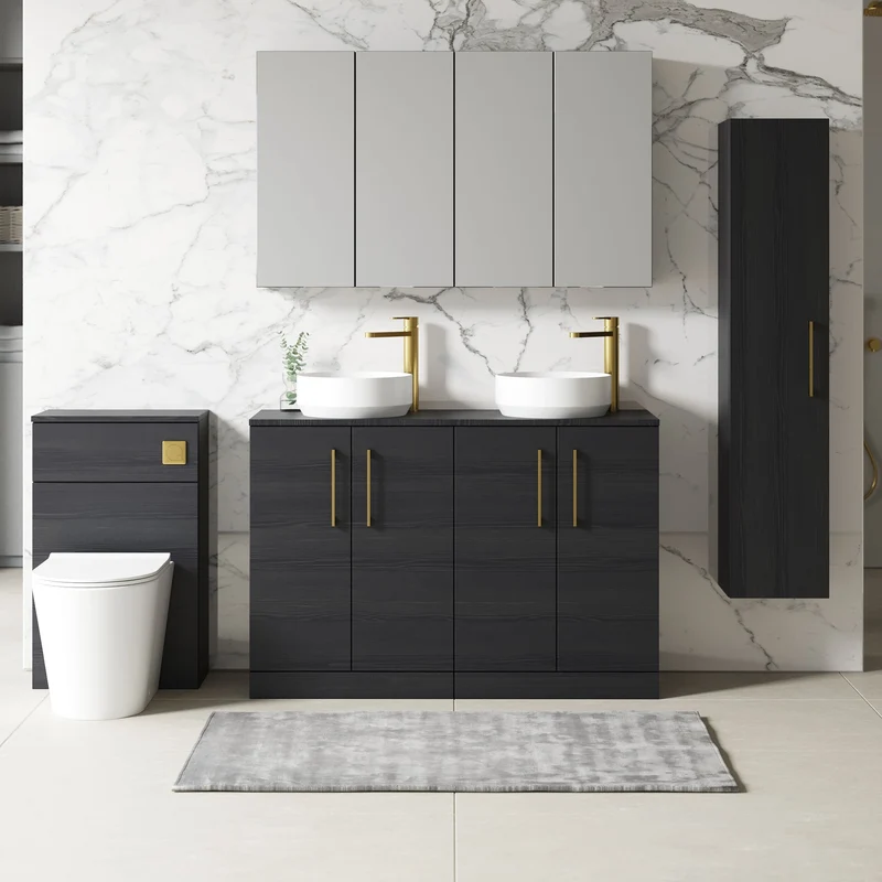 Lana 1200mm Floor Standing 4 Door Vanity Unit & Worktop - Charcoal Black Woodgrain
