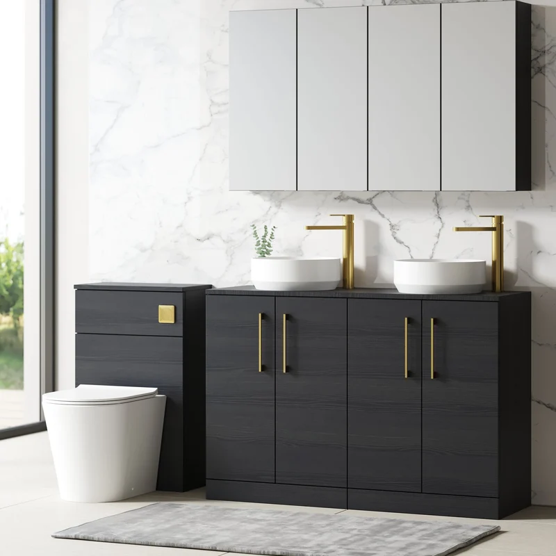 Lana 1200mm Floor Standing 4 Door Vanity Unit & Worktop - Charcoal Black Woodgrain