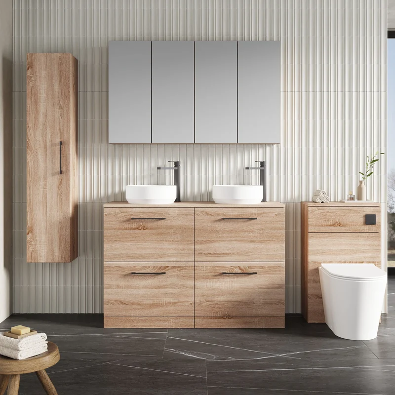 Lana 1200mm Floor Standing 4 Drawer Vanity Unit & Worktop - Bleached Oak Woodgrain