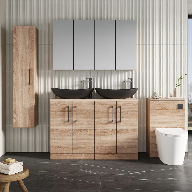 Lana 1200mm Floor Standing 4 Door Vanity Unit & Worktop - Bleached Oak Woodgrain