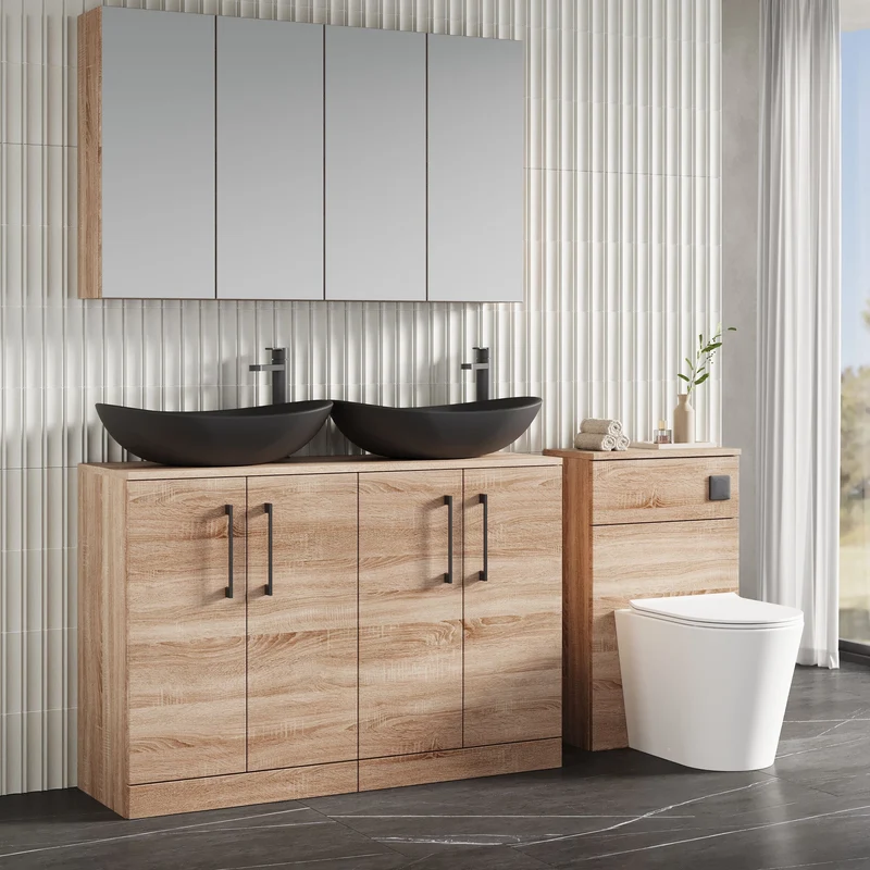 Lana 1200mm Floor Standing 4 Door Vanity Unit & Worktop - Bleached Oak Woodgrain