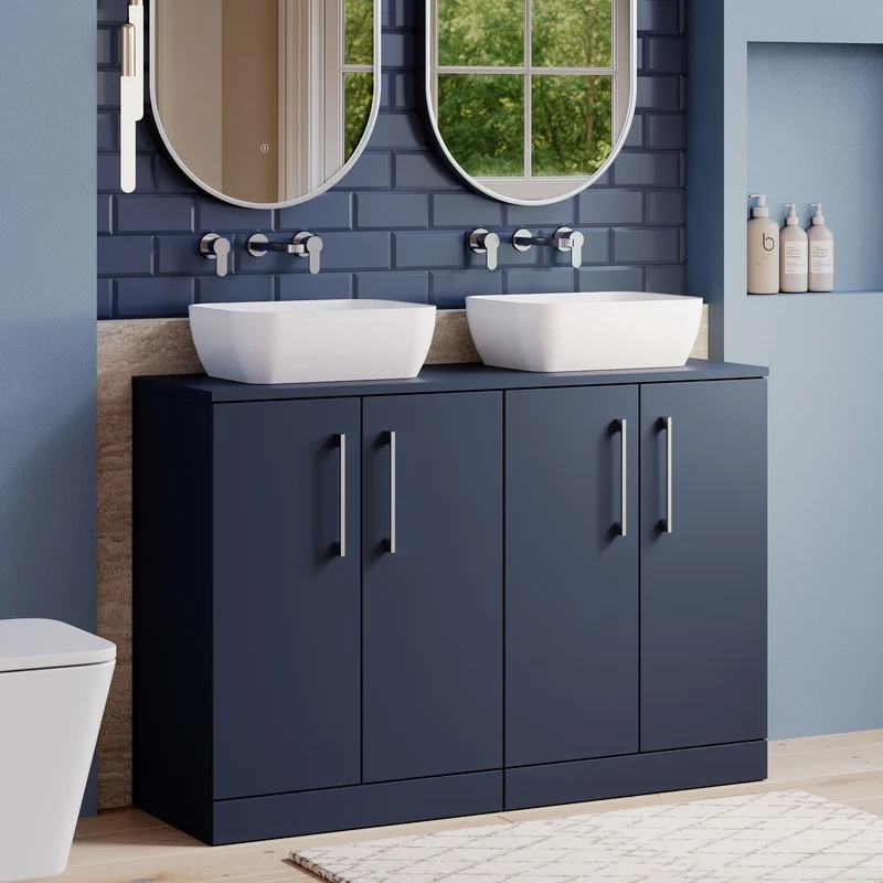 Lana 1200mm Floor Standing 4 Door Vanity Unit & Worktop - Midnight Blue Satin