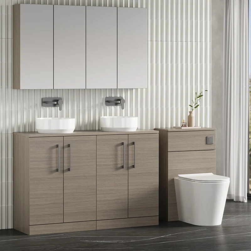 Lana 1200mm Floor Standing 4 Door Vanity Unit & Worktop - Solace Oak Woodgrain