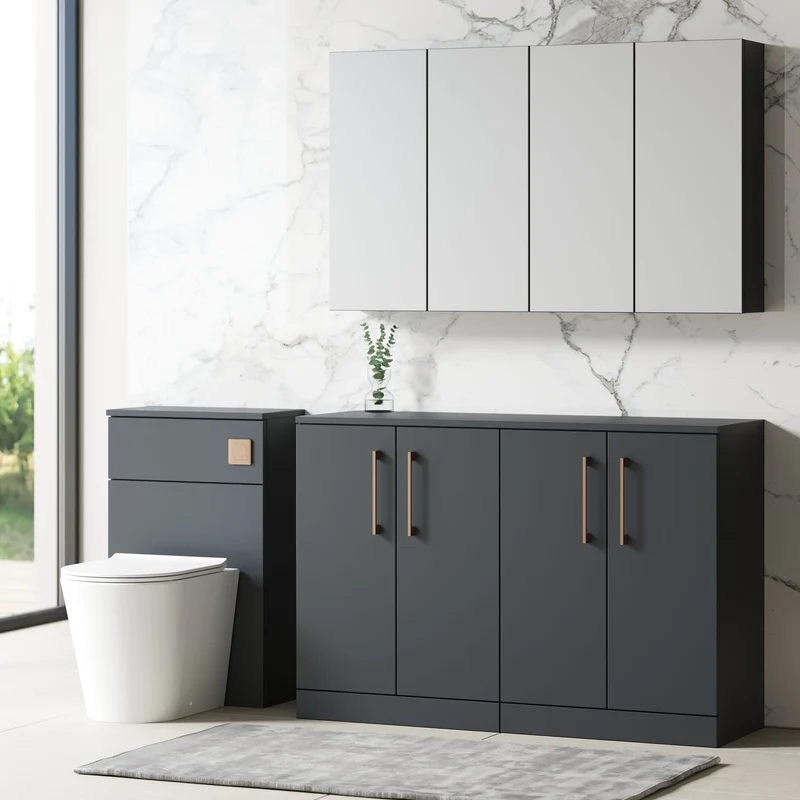 Lana 1200mm Floor Standing 4 Door Vanity Unit & Worktop - Soft Black Satin