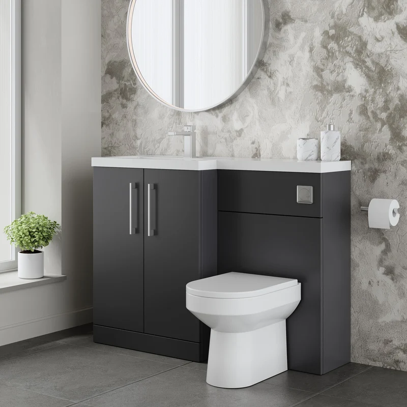 Lana 1100mm Basin & WC Combination Unit With White Polymarble Basin Left Hand - Soft Black Satin