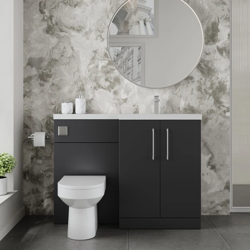 Lana 1100mm Basin & WC Combination Unit With White Polymarble Basin Right Hand - Soft Black Satin